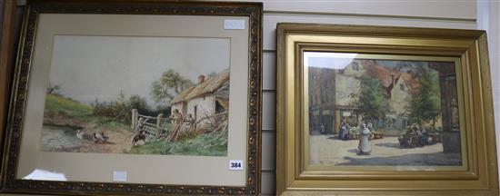 J. Barclay, watercolour, figures beside a farm gate, 29 x 44cm and L.R. Tuke, watercolour, Market in Bruges, 26 x 38cm